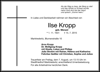 Traueranzeige von Kropp Ilse von Frankenpost