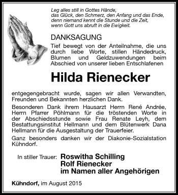 Traueranzeige von Hilda Rienecker von Südthüringer Presse