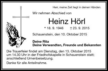 Traueranzeige von Heinz Hörl von Frankenpost