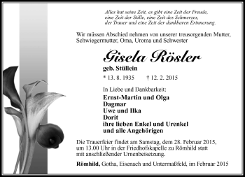 Traueranzeige von Gisela Rößler von Südthüringer Presse