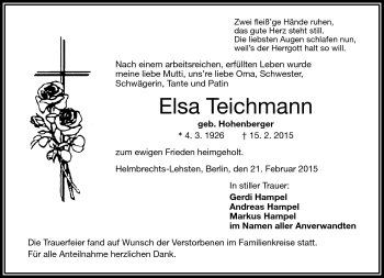 Traueranzeige von Elsa Teichmann von Frankenpost