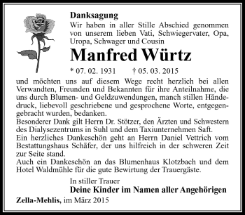 Traueranzeige von Manfred Würtz von Südthüringer Presse