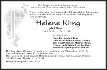Traueranzeige von Helene Kling von Südthüringer Presse