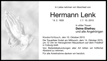Traueranzeige von Hermann Lenk von Neue Presse Coburg