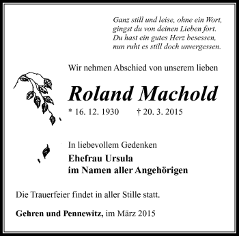 Traueranzeige von Roland Machold von Südthüringer Presse