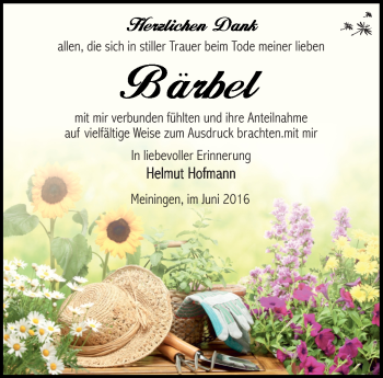 Traueranzeige von Bärbel Hofmann von Südthüringer Presse