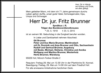 Traueranzeige von Fritz Brunner von Frankenpost