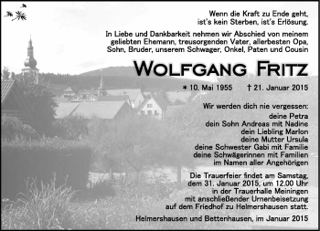Traueranzeige von Wolfgang Fritz von Südthüringer Presse