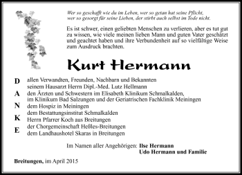 Traueranzeige von Kurt Hermann von Südthüringer Presse