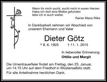 Traueranzeige von Dieter Götz von Frankenpost