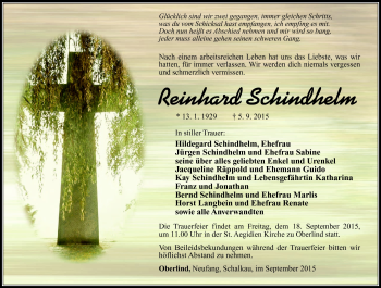 Traueranzeige von Reinhard Schindhelm von Südthüringer Presse