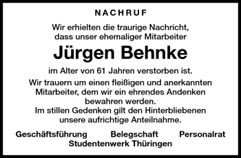 Traueranzeige von Jürgen Behnke von Südthüringer Presse