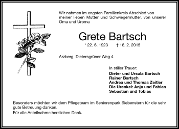 Traueranzeige von Grete Bartsch von Frankenpost