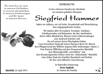 Traueranzeige von Siegfried Hammer von Südthüringer Presse