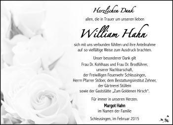 Traueranzeige von William Hahn von Südthüringer Presse