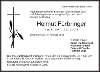 Traueranzeige von Helmut Fürbringer von Frankenpost