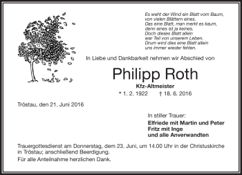 Traueranzeige von Philipp Roth von Frankenpost