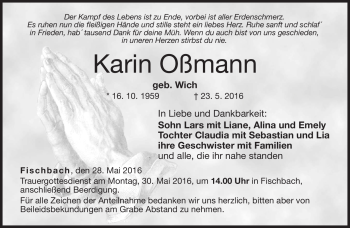 Traueranzeige von Karin Oßmann von Neue Presse Coburg