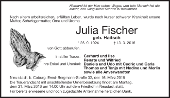Traueranzeige von Julia Fischer von Neue Presse Coburg