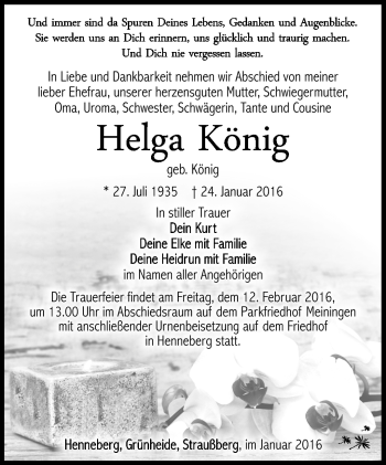 Traueranzeige von Helga König von Südthüringer Presse