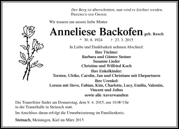 Traueranzeige von Anneliese Backofen von Südthüringer Presse