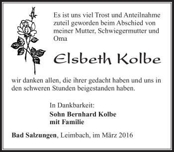 Traueranzeige von Elsbeth Kolbe von Südthüringer Presse
