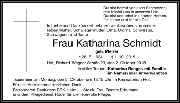 Traueranzeige von Katharina Schmidt von Frankenpost