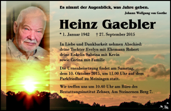 Traueranzeige von Heinz Gaebler von Südthüringer Presse