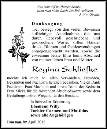 Traueranzeige von Regina Schliefke von Südthüringer Presse