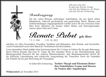Traueranzeige von Renate Pabst von Südthüringer Presse