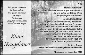 Traueranzeige von Klaus Neugebauer von Südthüringer Presse