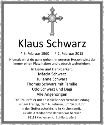 Traueranzeige von Klaus Schwarz von Frankenpost