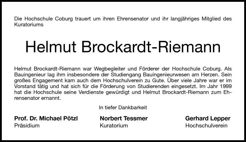  Traueranzeige für Helmut Brockardt-Riemann vom 16.10.2015 aus Neue Presse Coburg