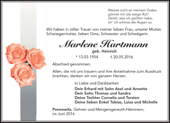 Traueranzeige von Marlene Hartmann von Südthüringer Presse