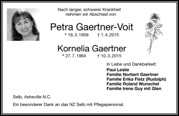 Traueranzeige von PetraKornelia Gaertner-VoitGartner von Frankenpost
