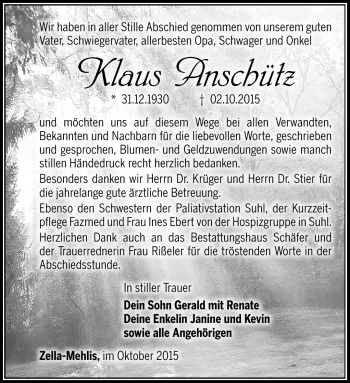 Traueranzeige von Klaus Anschütz von Südthüringer Presse
