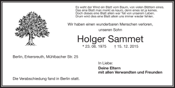 Traueranzeige von Holger Sammet von Frankenpost