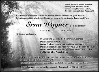 Traueranzeige von Erna Wagner von Südthüringer Presse