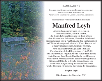 Traueranzeige von Manfred Leyh von Südthüringer Presse