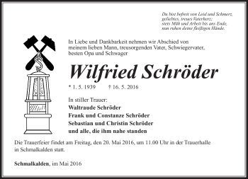 Traueranzeige von Wilfried Schröder von Südthüringer Presse