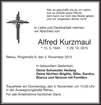 Traueranzeige von Alfred Kurzmaul von Frankenpost