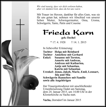 Traueranzeige von Frieda Karn von Südthüringer Presse