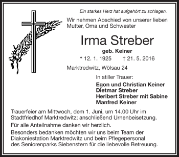 Traueranzeige von Irma Streber von Frankenpost