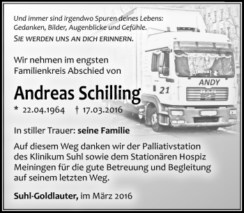 Traueranzeige von Andreas Schilling von Südthüringer Presse