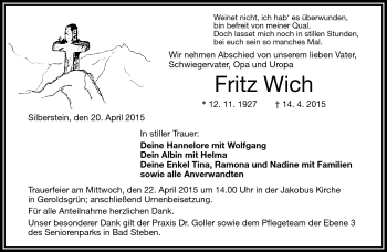 Traueranzeige von Fritz Wich von Frankenpost