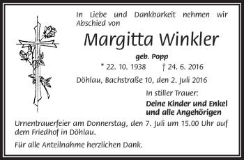Traueranzeige von Margitta Winkler von Frankenpost