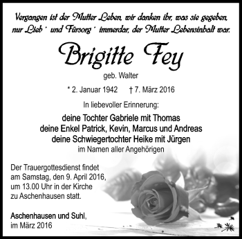 Traueranzeige von Brigitte Fey von Südthüringer Presse