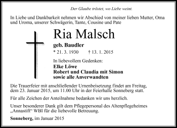 Traueranzeige von Ria Malsch von Südthüringer Presse
