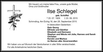 Traueranzeige von Ilse Schlegel von Frankenpost