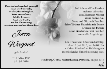 Traueranzeige von Jutta Weigand von Südthüringer Presse